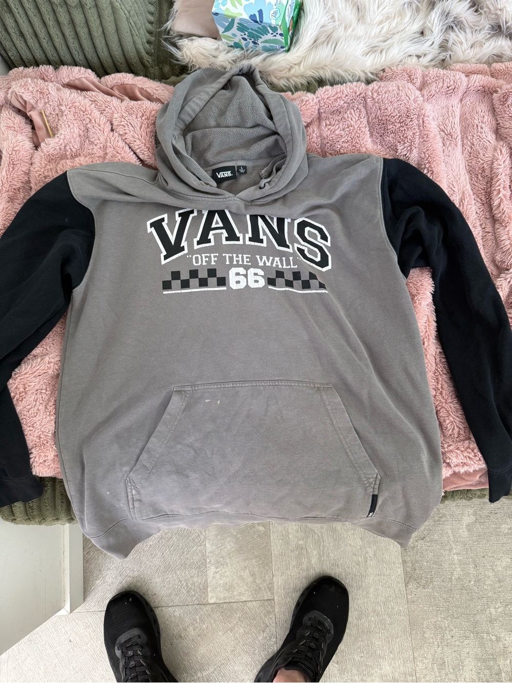 Vans Men's Gray Hoodie with Black Sleeves and Chest Logo